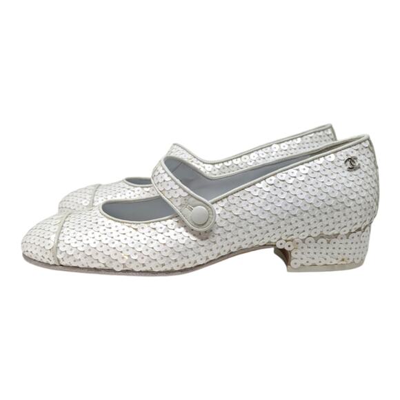 19C Chanel Mary Jane flats ballet pumps interlocking CC logo white sequin 37 - Picture 2 of 16
